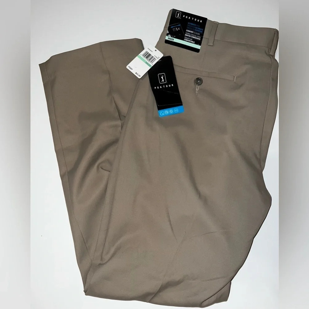 NWT PGA TOUR Men's Ultimate Golf Pants - Khaki/Beige Flat Front